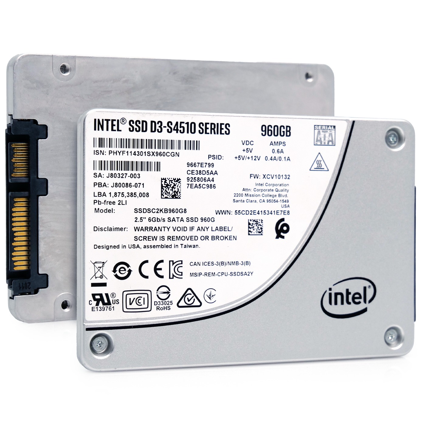 Intel SSDSC2KB960G8 D3-S4510 960GB SATA enterprise SSD, front and rear view