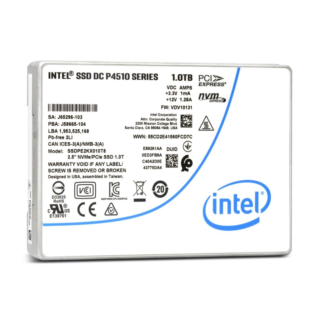Intel SSDPE2KX010T8 P4510 1TB NVMe enterprise SSD, front label view