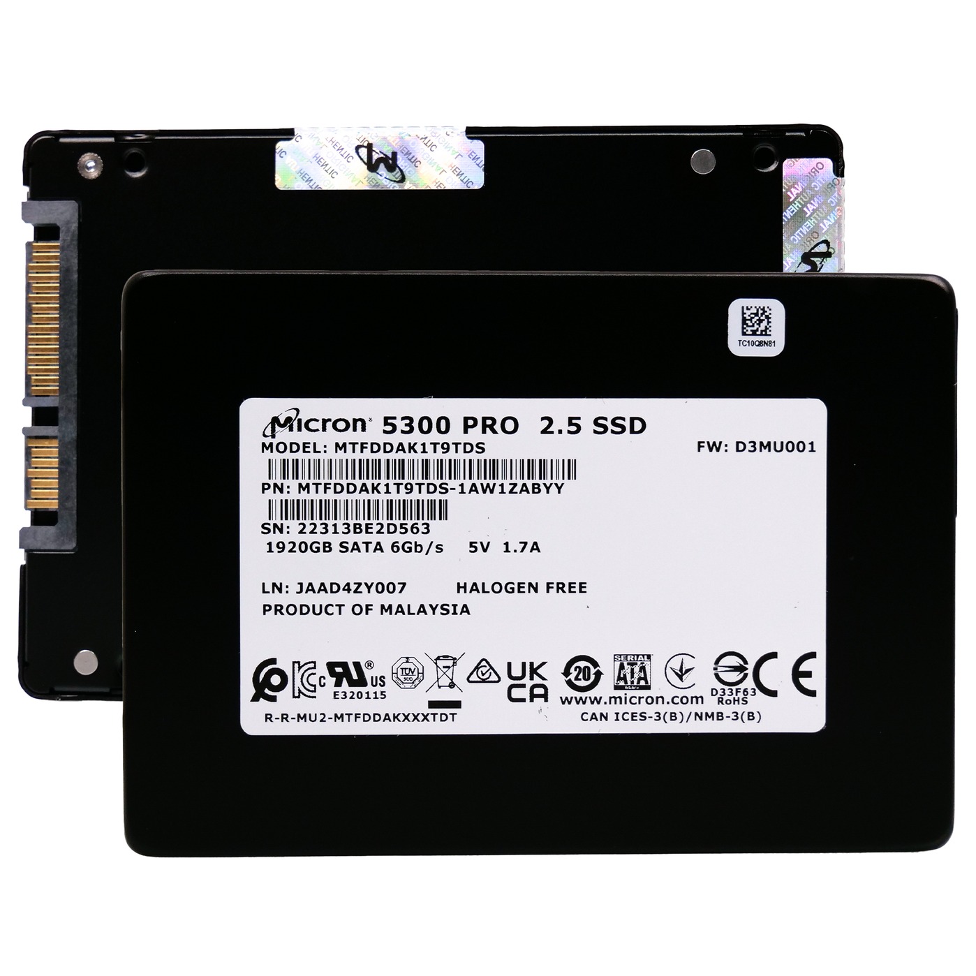 Micron MTFDDAK1T9TDS 5300 Pro 1.92TB SATA enterprise SSD, front and rear view
